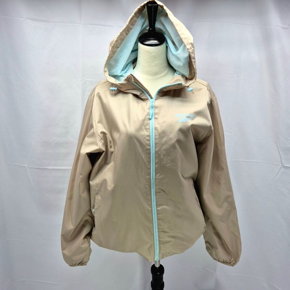 NWOT Reebok Lightweight Tan Windbreaker Jacket Blue Zip Up Woman's Large